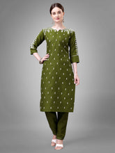Olive Green Cotton Blend Embroidered Kurti With Pant
